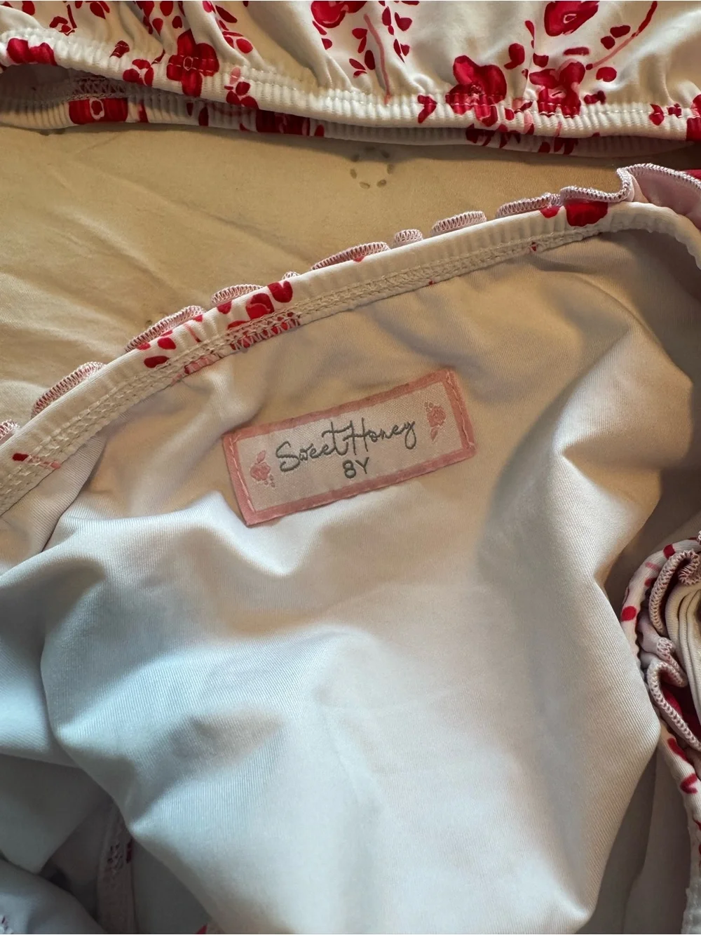 SweetHoney Girls size 8Y Red and White Floral Ruffle Kids Bikini